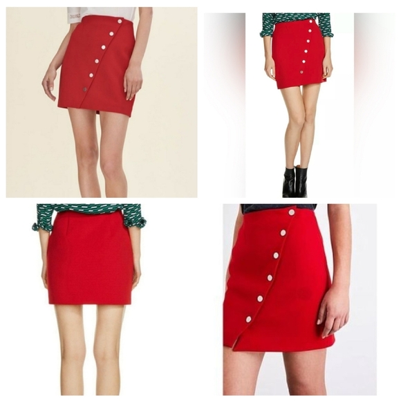 Maje Snap Asymmetrical Button Red Justine Mini Skirt Size 40 Size 8 - Picture 14 of 16